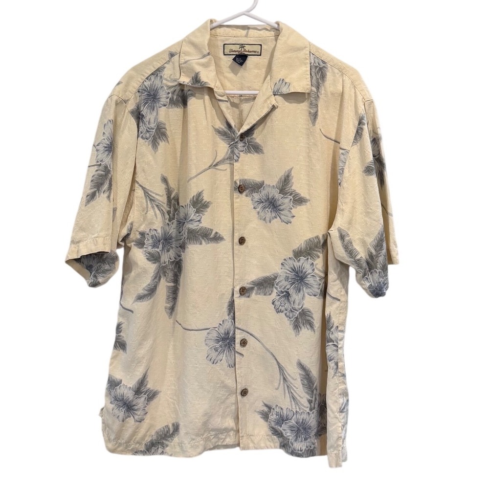Tommy Bahama Mens Medium 100% Silk Floral Hibiscus Camp Shirt Cream Hawaiian‎